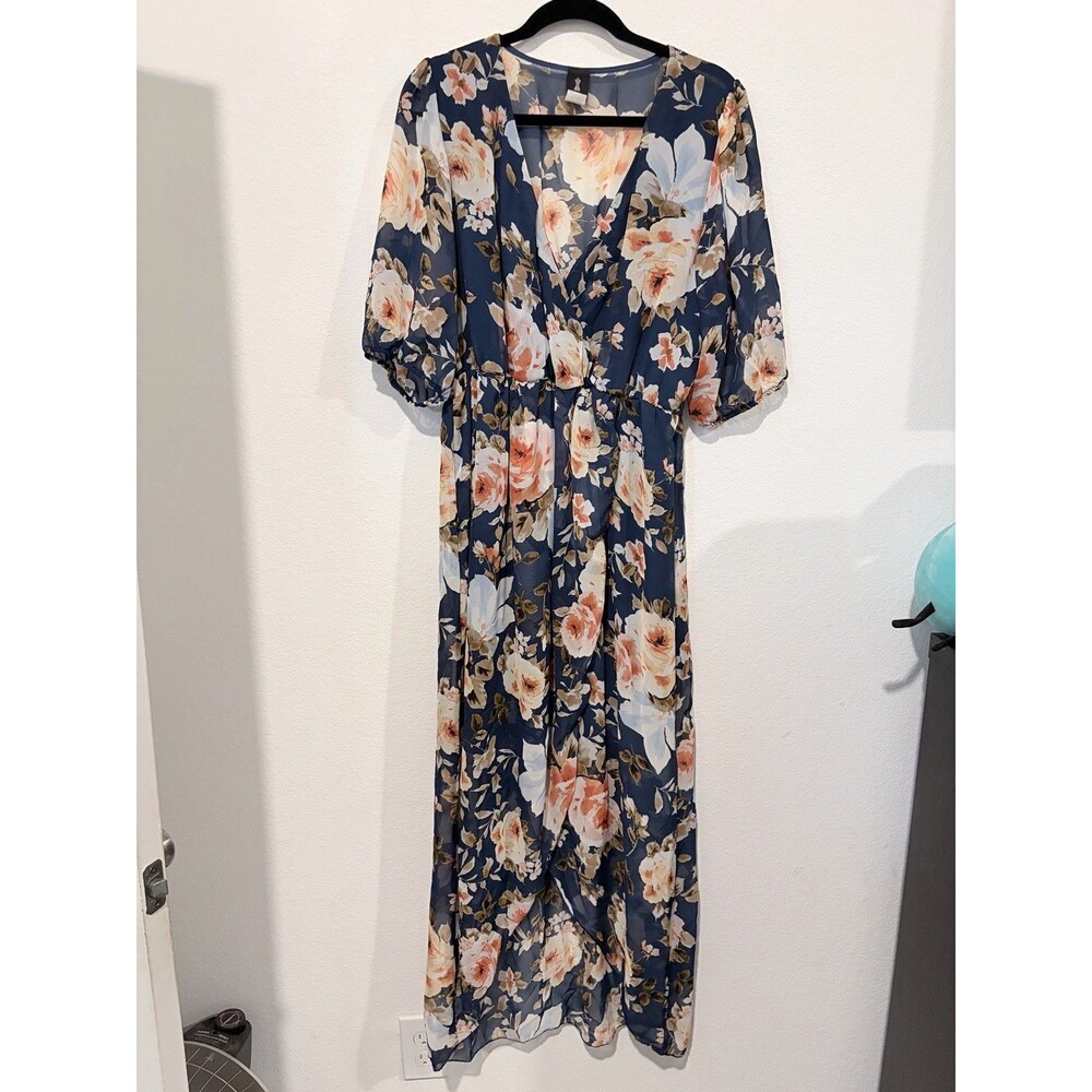 Lilian Floral Sheer Shirt Sleeve V-Neck Flowing Dress Women’s Plus Size 2X